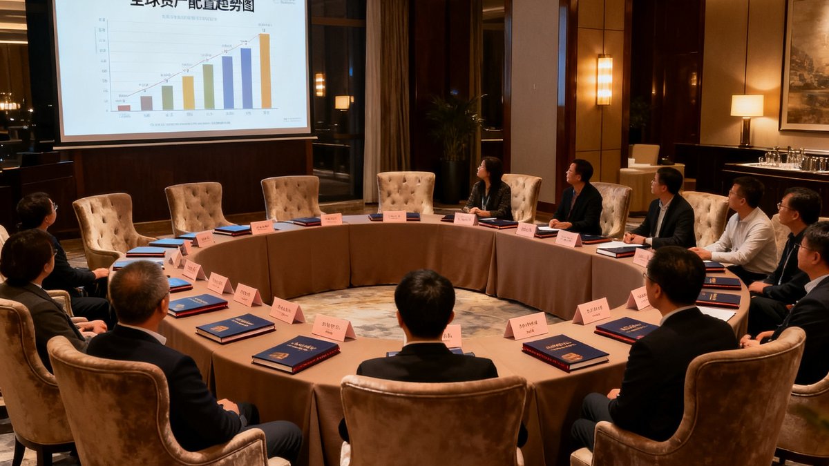 一间五星级酒店行政酒廊被布置成私密沙龙场地，二十张高背椅围成半圆形，前方投影屏幕显示全球资产配置趋势图，每位参与者面前的桌上都摆放着名牌和精装资料册，柔和的暖色灯光营造出专注而舒适的氛围