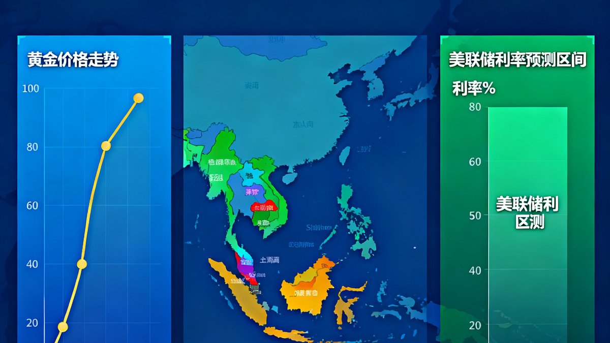 一张信息图风格的画面，展示2025年第一季度全球资产配置展望的关键数据点，包括黄金走势曲线、东南亚地图标注和美联储利率预测区间