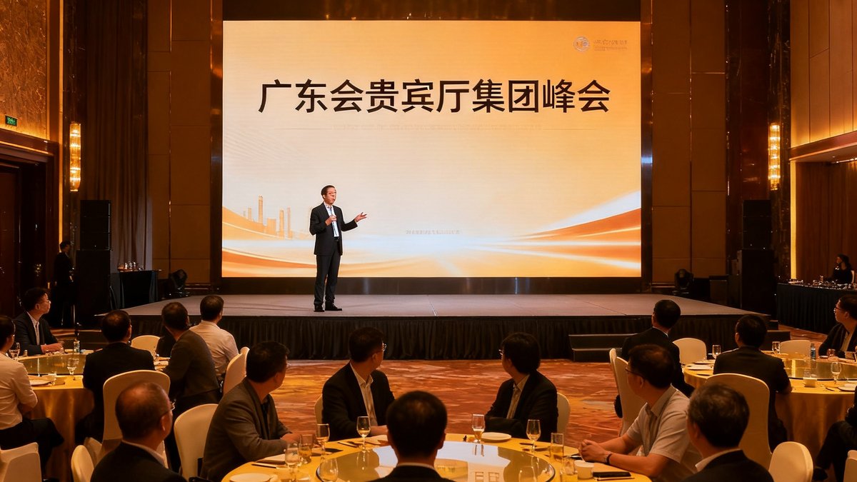 一间高端酒店的宴会厅内景，舞台上嘉宾正在演讲，台下约八十位来宾坐在圆桌旁认真聆听，会场灯光温暖，背景屏幕显示广东会贵宾厅集团峰会字样